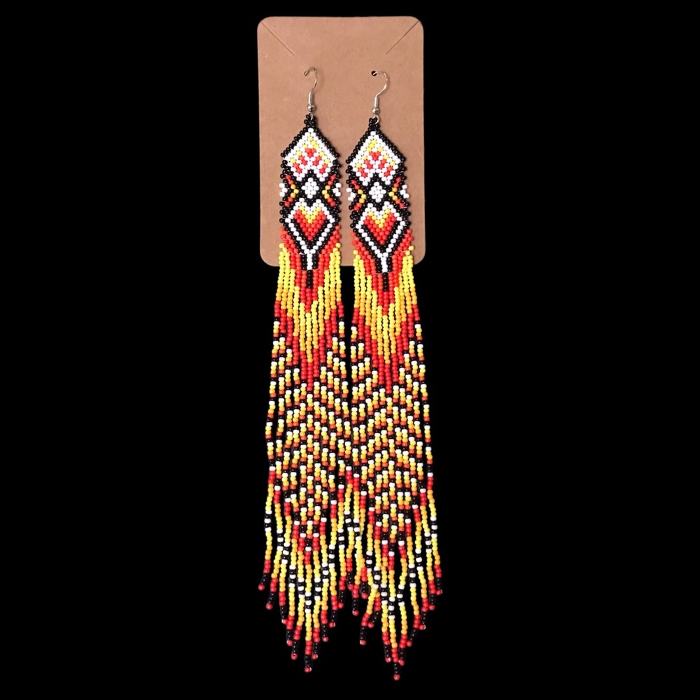 Beaded Earrings Red, Yellow, Black Tribal Boho Jewelry Handcrafter Extra Long 8"